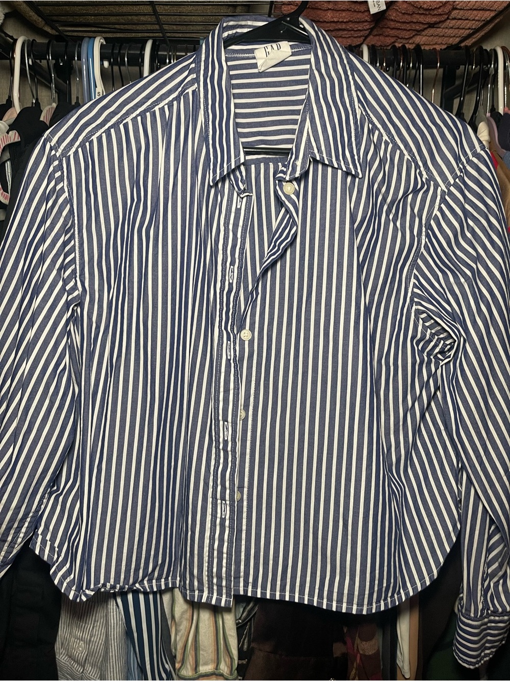 Blue and White Striped women’s slightly cropped Button-Up Shirt